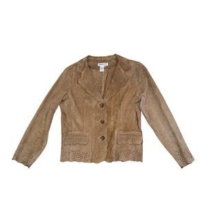 Coldwater Creek Vintage Western 100% Leather Eyelet Blazer Jacket Tan MP